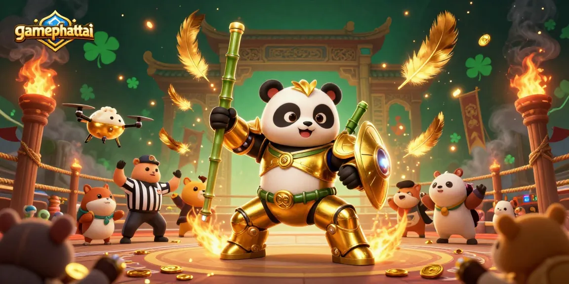 Spin the reels with gamephattai's golden panda piloting a thrilling gambling robot in a vibrant arena.