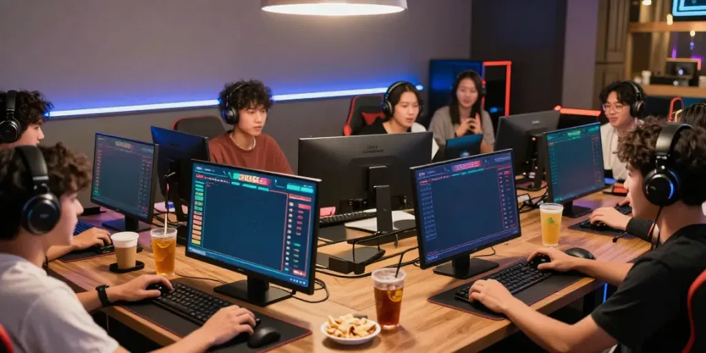 Dewatogel players immersed in an engaging online Togel gaming session with modern setups and vibrant displays.