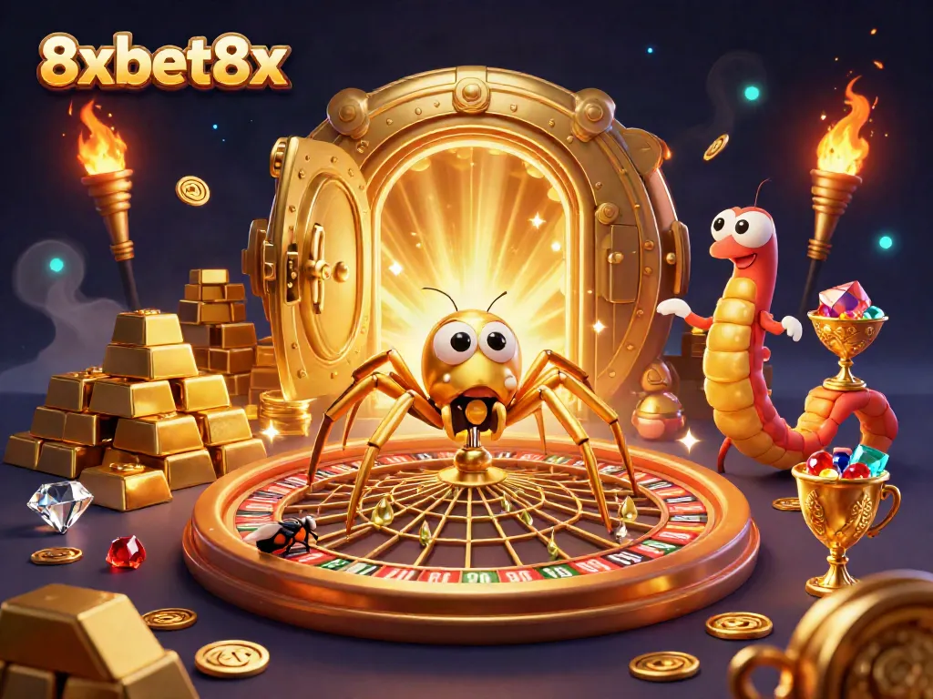 Engage with 8xbet8x's thrilling world of casino betting, showcased through vibrant 3D characters in a rich, dynamic setting.