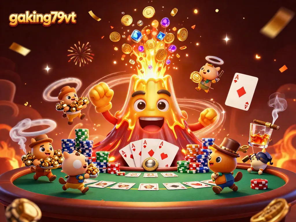Engage in the thrill of gaking79vt with golden treasures erupting from a volcano.