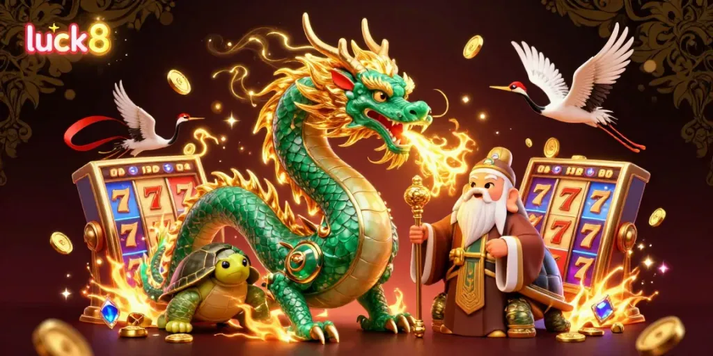 Engage in thrilling luck8 gaming adventures with a lavish jade dragon and vibrant slot game elements.