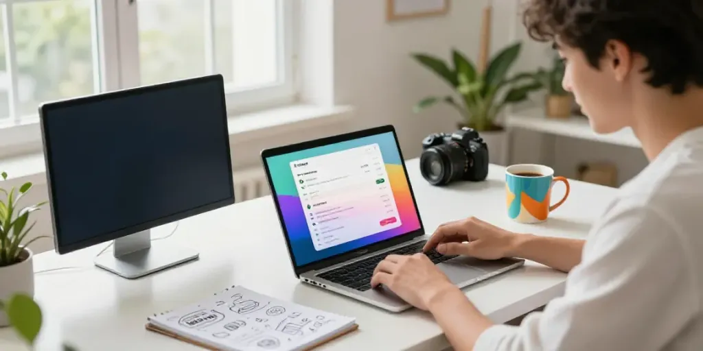 Entrepreneur analyzing Shopify stores performance data in a bright home office.