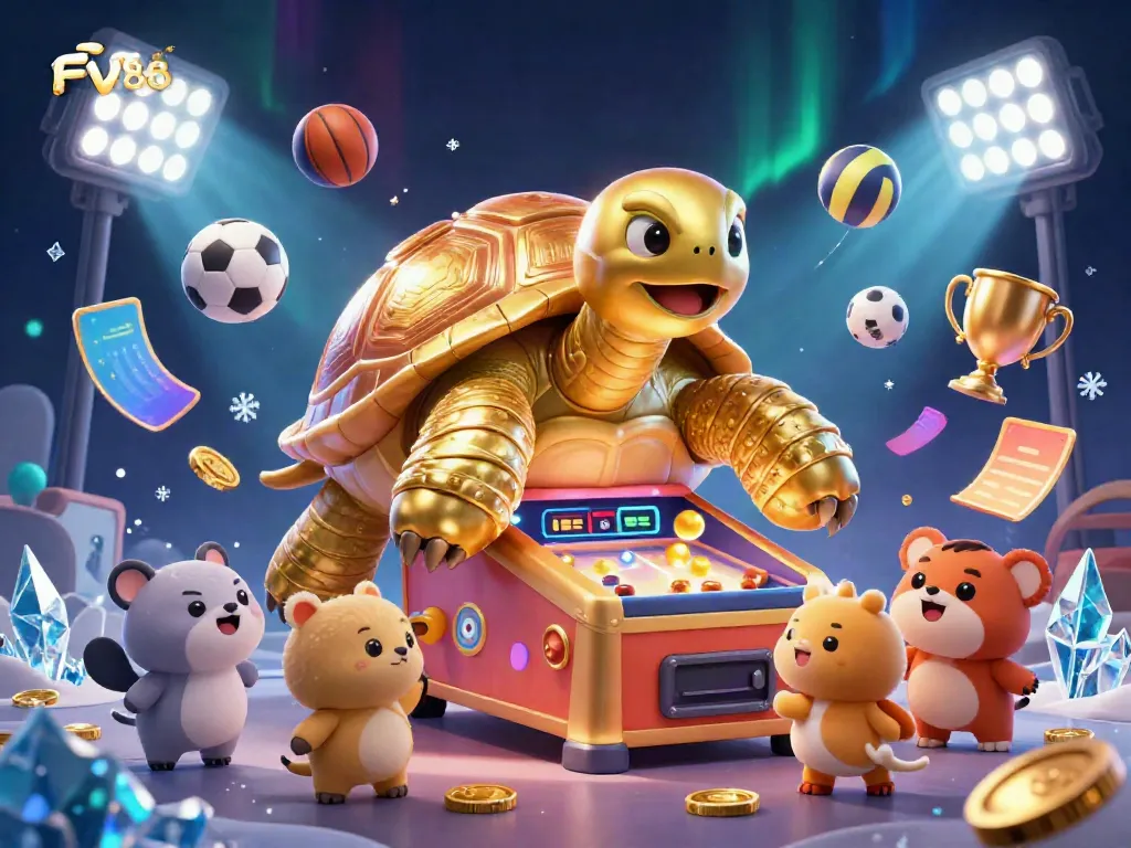 Enjoy FV88's energetic casino gaming experience with a vibrant illustration of a golden tortoise pinball machine.