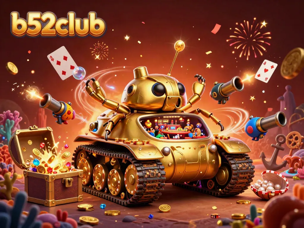 Experience thrilling gameplay at b52club with a vibrant 3D casino tank illustration and dynamic game elements.