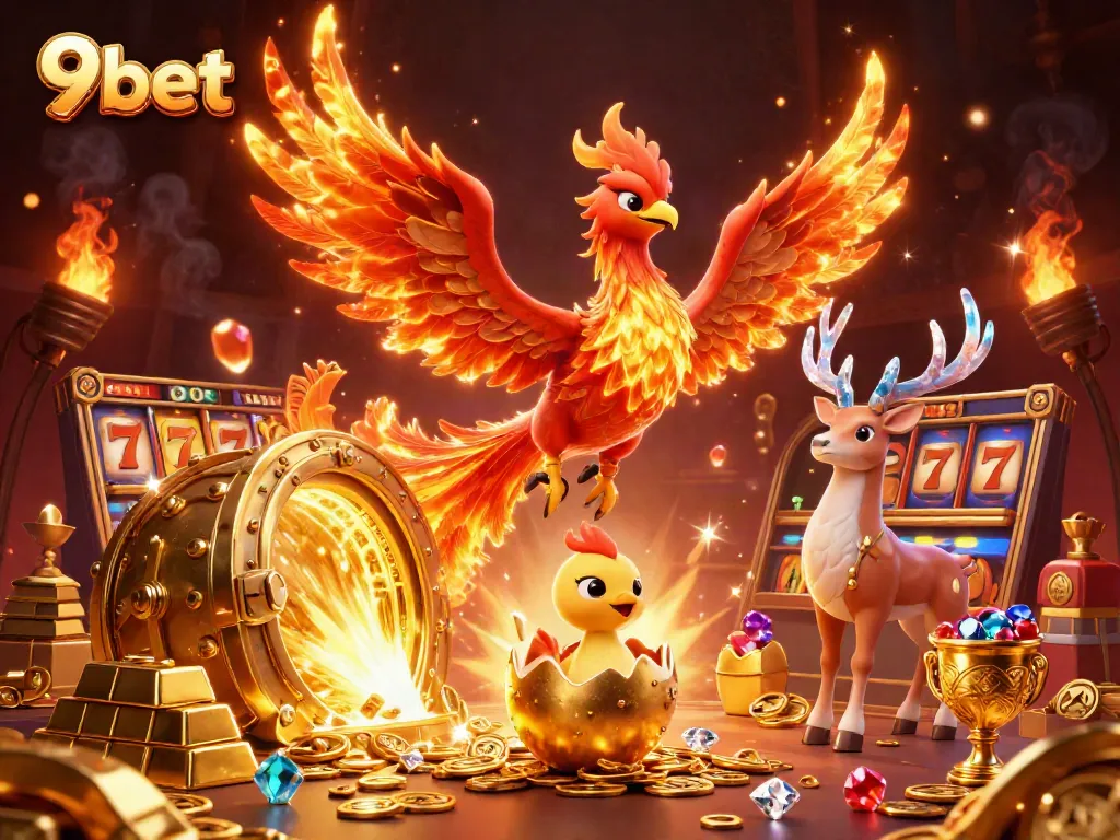 Experience big wins with 9bet's vibrant casino scene featuring mythical characters and golden treasures.