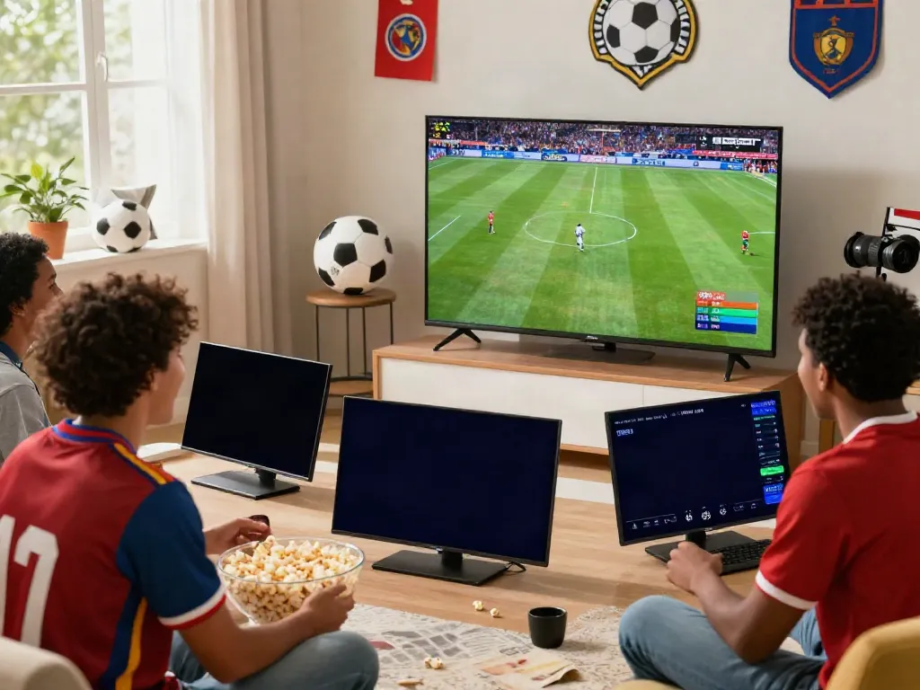 Excited fans enjoying socolive's live sports streaming in a cozy room.