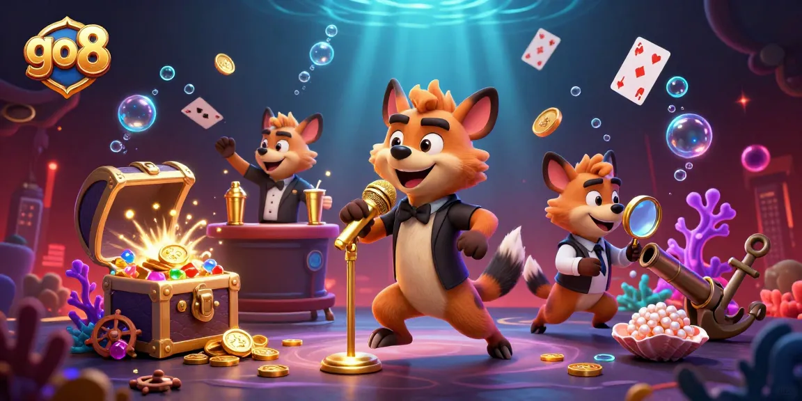 Engage with go 8 at a lively casino scene featuring comedic hyenas and vibrant gaming elements.