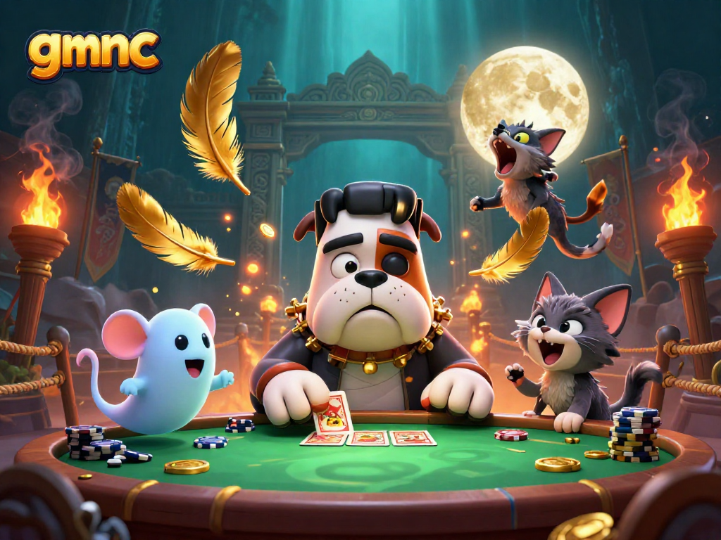 Join the thrilling gmnc casino adventure with Frankenstein bulldog and friends at a card table.