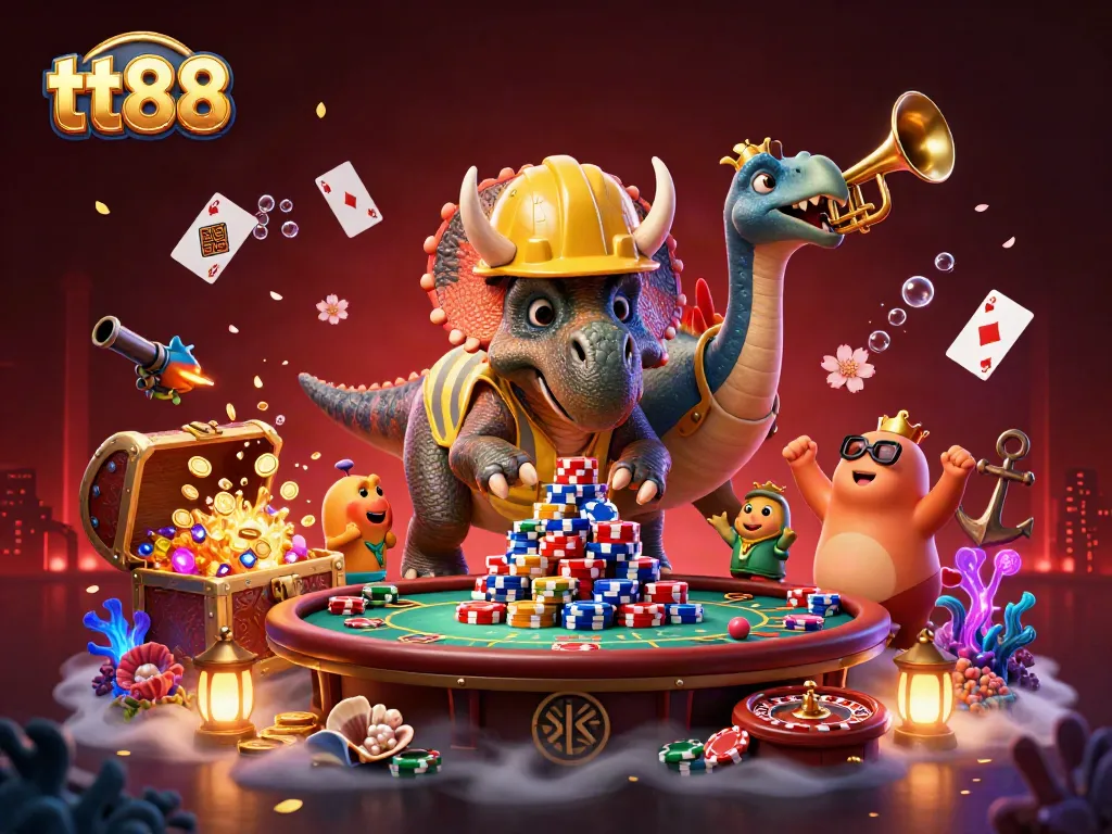 Engage in thrilling gameplay at tt88 with cartoon dinosaurs and festive casino elements.