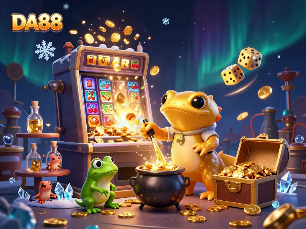 Experience thrilling gameplay with DA88, featuring enchanting casino symbols amid golden alchemist characters.