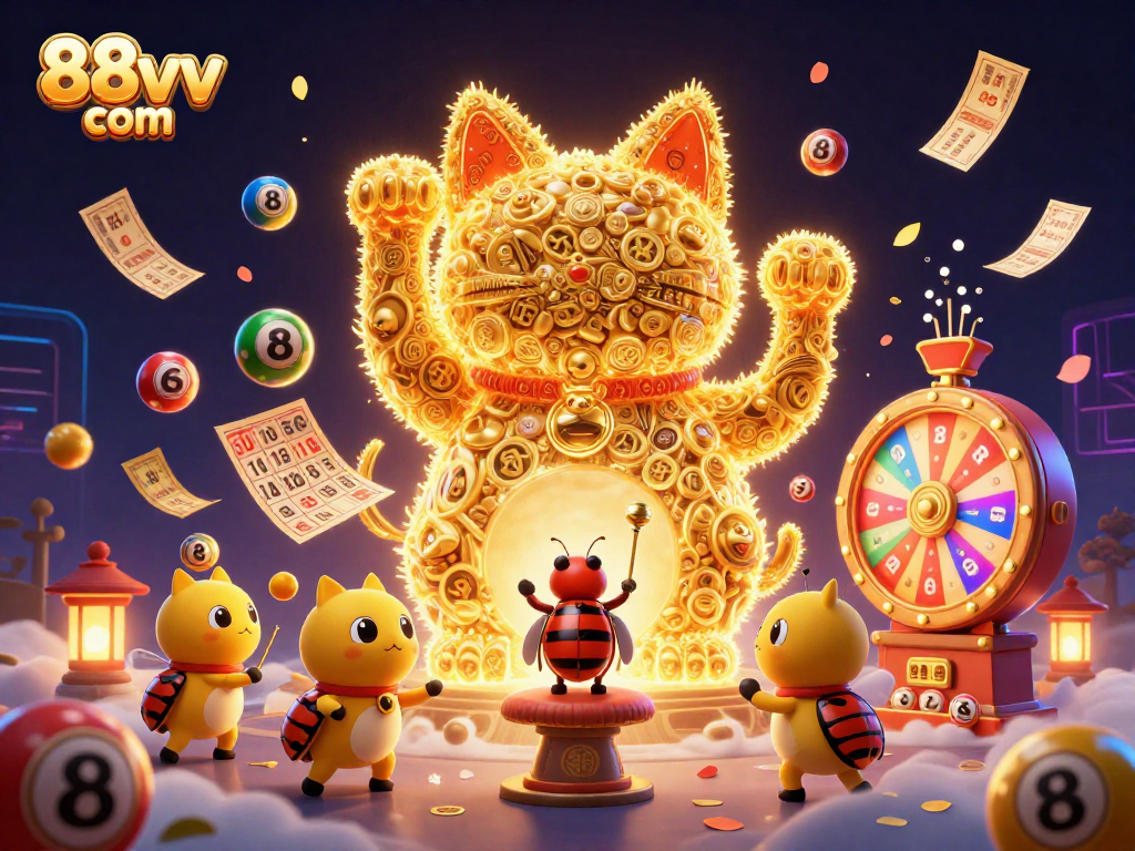 Experience the excitement of 88vv com with dynamic lottery balls and a lucky cat in an energetic casino scene.