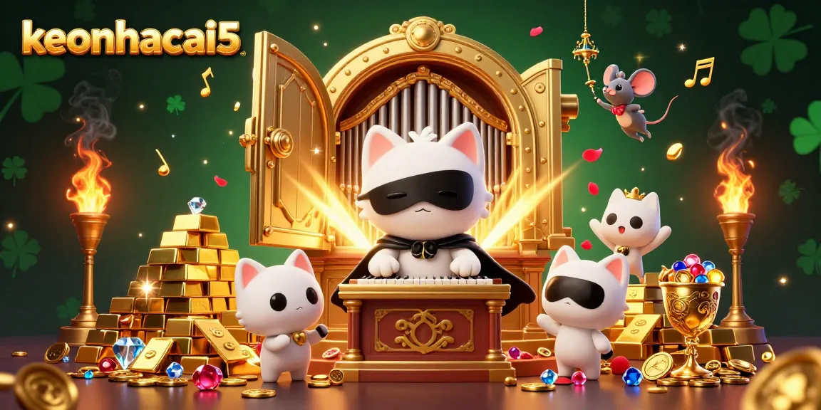 Experience keonhacai5's enchanting casino vibe with a captivating scene of treasure and musical magic.