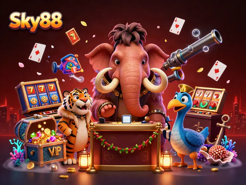 Experience Sky88's vibrant casino scene with characters and elements celebrating gaming in style.
