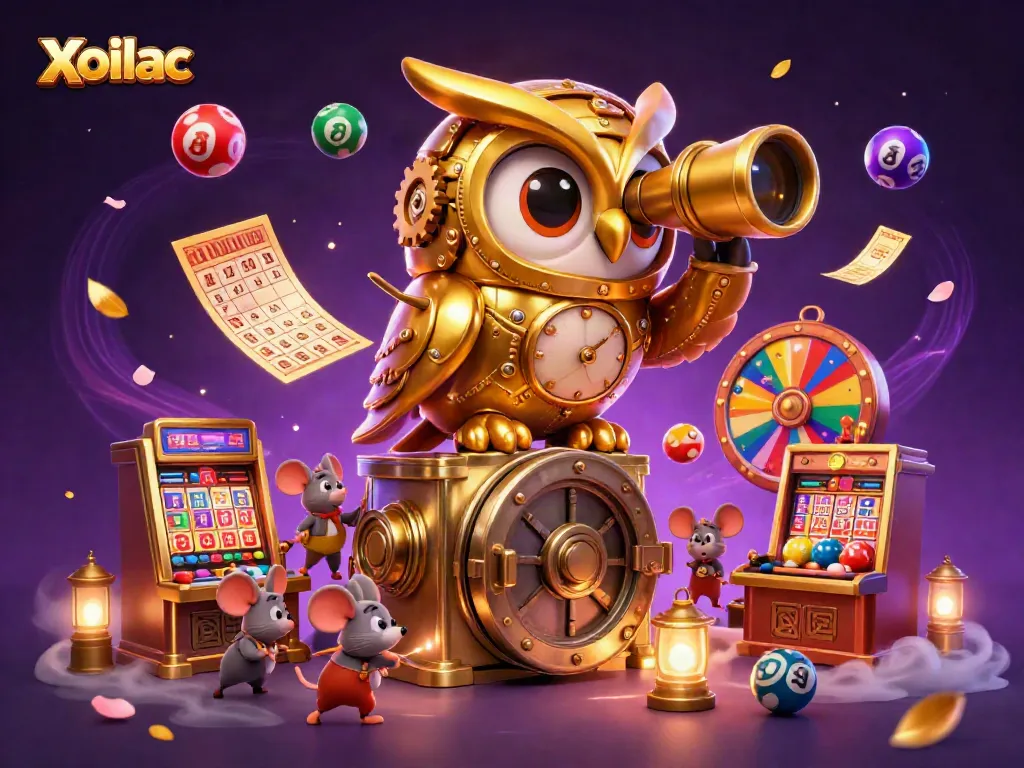 Xoilac enhances excitement in vibrant 3D casino scene filled with lottery balls and mouse patrons.