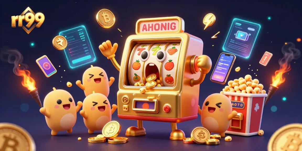 rr99 engaging players with a vibrant 3D slot machine jackpot scene accented by crypto elements