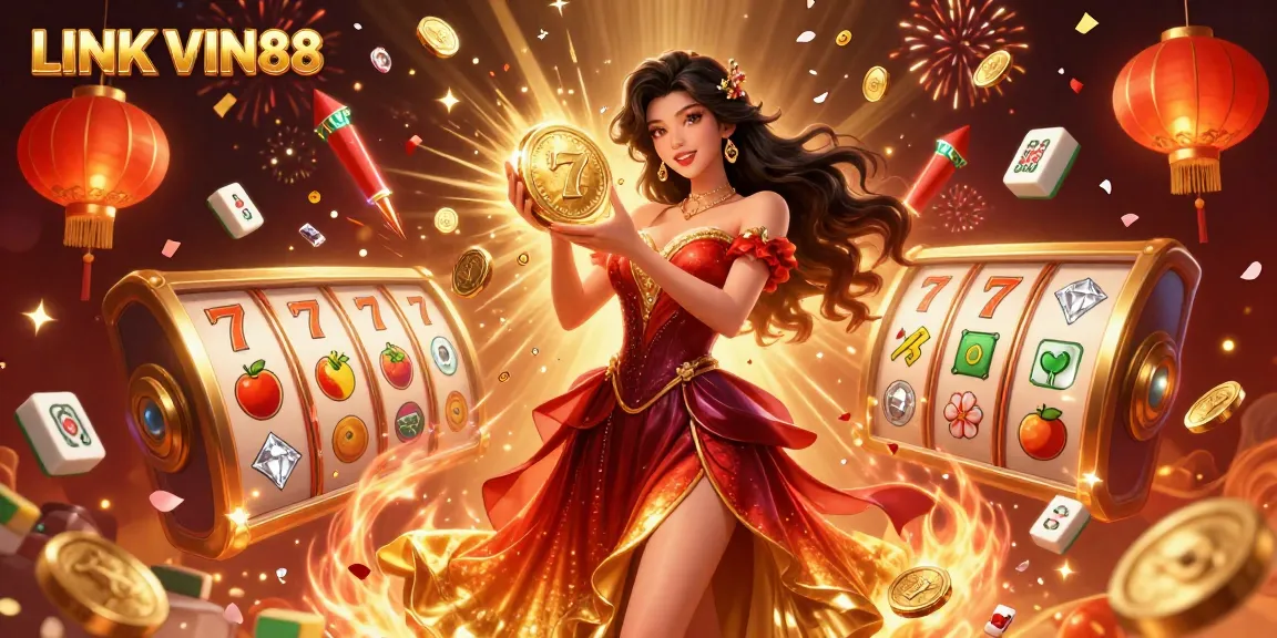 Join the excitement at LINK VIN88 with stunning graphics of a gorgeous woman holding a golden coin amidst slot game elements.