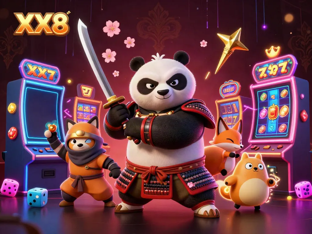 Experience thrilling gameplay with XX8's illustrated casino scene featuring dynamic slot machines and 3D characters.