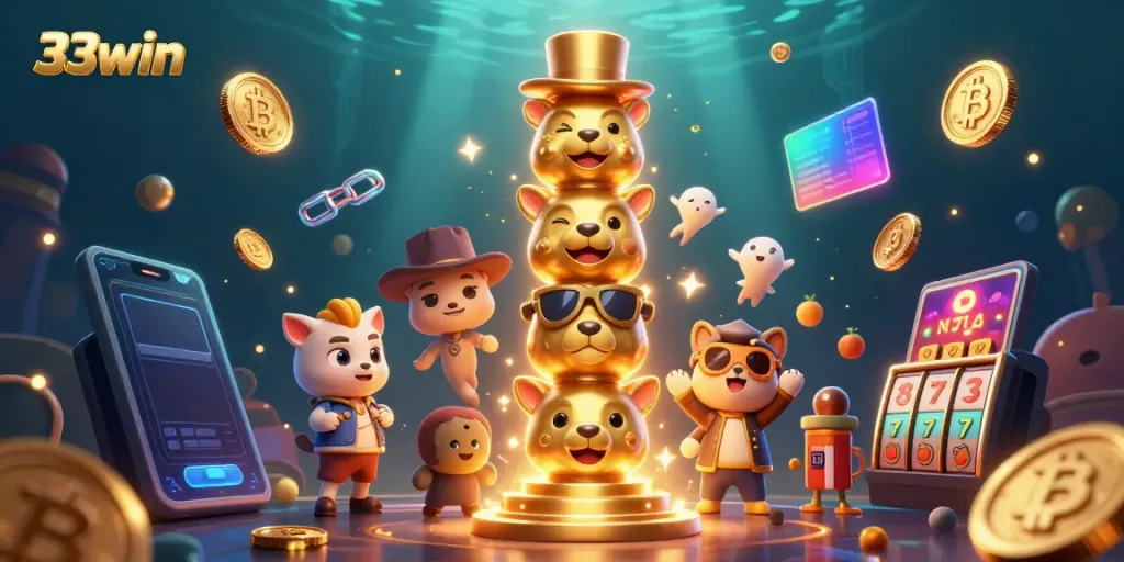 Experience the excitement of 33win with vibrant game elements and a dynamic totem pole.