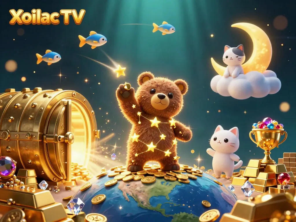 Experience exhilarating action on Xoilac TV with dynamic slots and treasure-filled illustration.