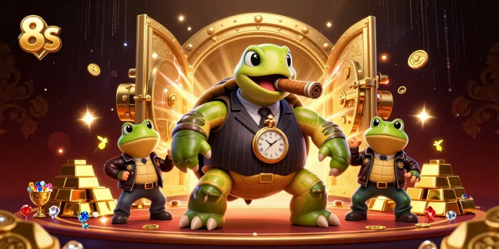 Experience the excitement of the 8S casino with a colorful mobster-themed illustration showcasing treasure and lights.