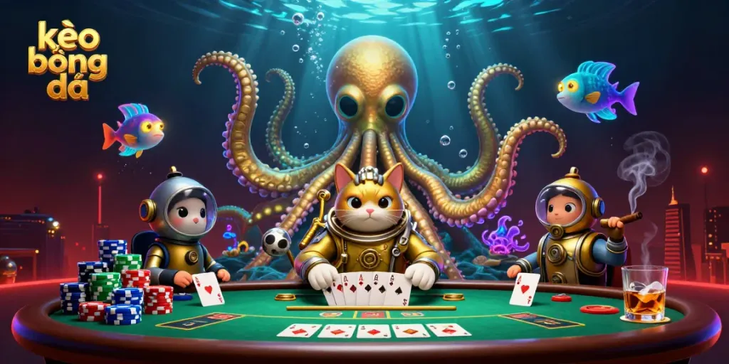 Experience the excitement of kèo bóng đá with a vibrant scene depicting a kraken, diving cat, and poker elements.