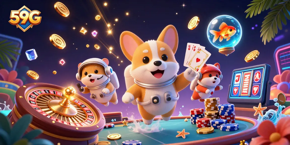 Bet on excitement with 59G in a vibrant casino scene featuring a playful corgi and cosmic adventures.