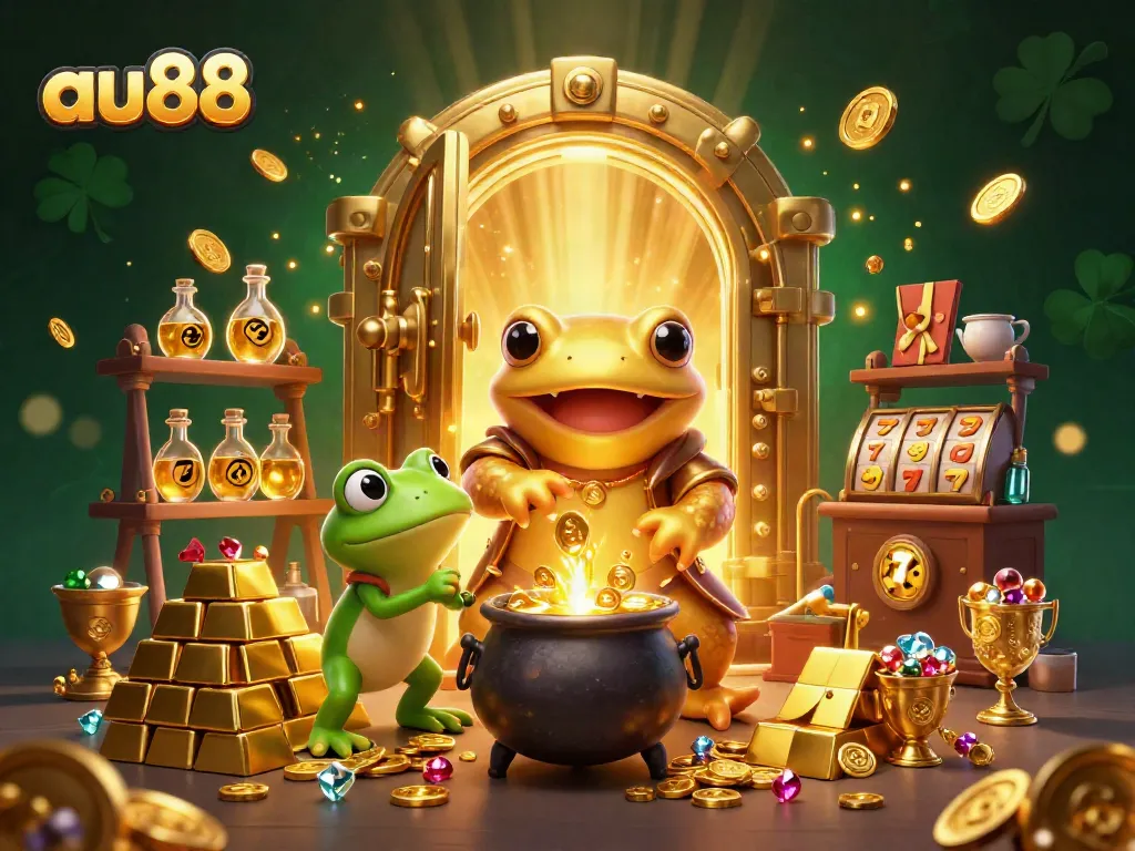 Witness a vibrant au88 gold-filled scene with a giant golden salamander and friends crafting riches.