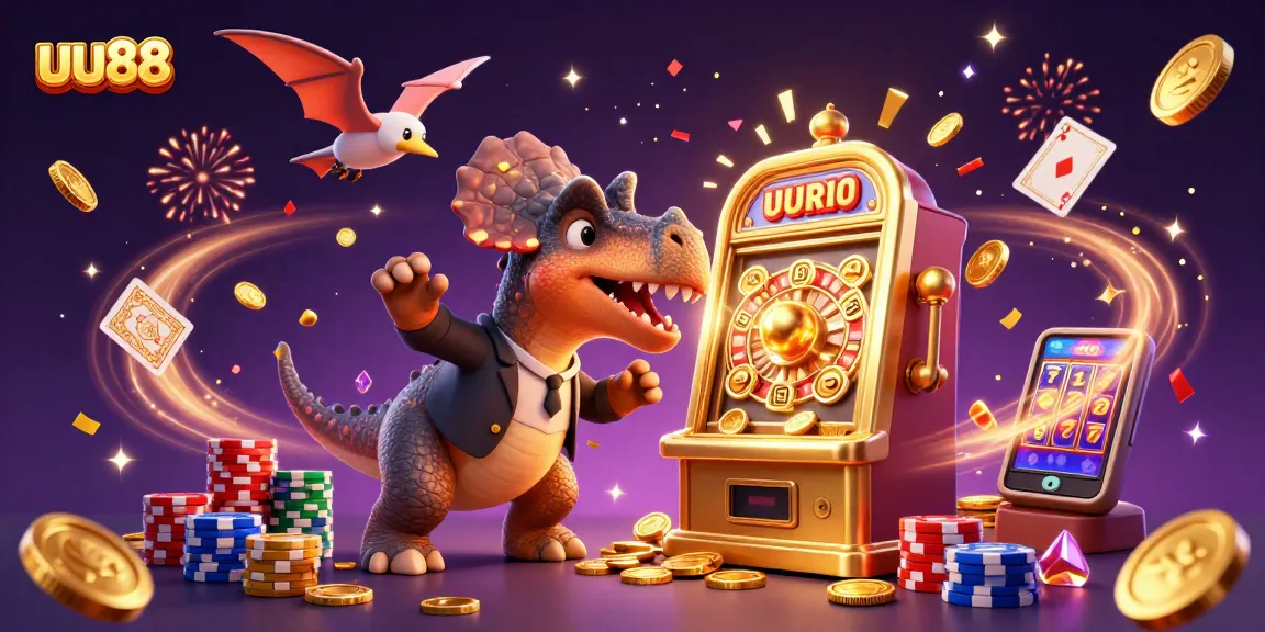 uu88's dynamic scene features a dinosaur themed jackpot celebration at the casino.