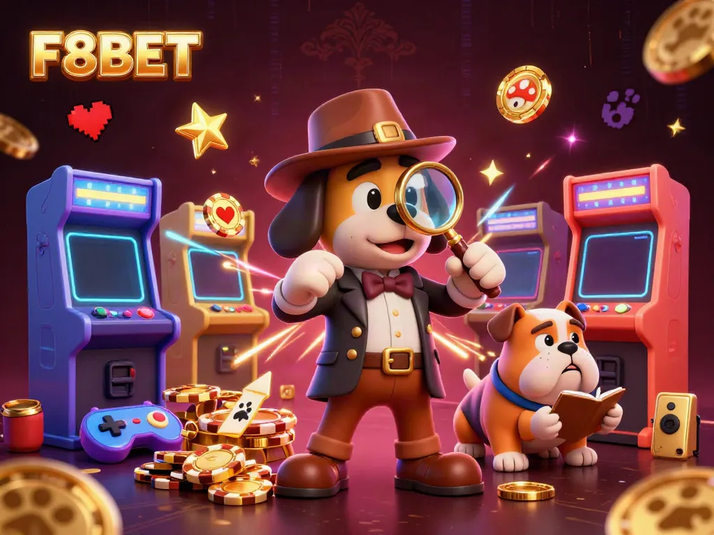 F8BET detective and bulldog character discovering gaming treasures amid colorful casino elements