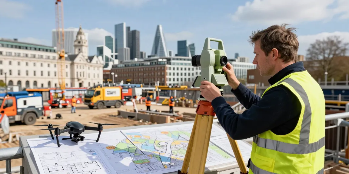Topographical surveys London conducted by a professional surveyor on an urban construction site.