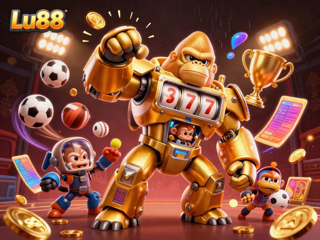 Experience Lu88's thrilling casino adventures with a dynamic golden gorilla mech and vibrant sports elements
