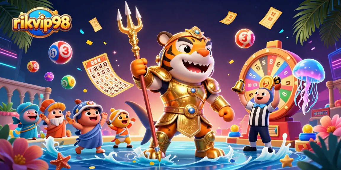 Engage in exciting gameplay at rikvip98 with a lively underwater casino scene, showcasing vibrant lottery balls and prizes.