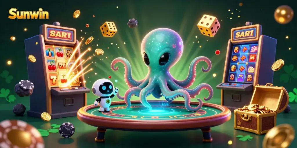 Experience excitement with Sunwin, as alien octopus plays a floating poker game amid vibrant casino visuals.