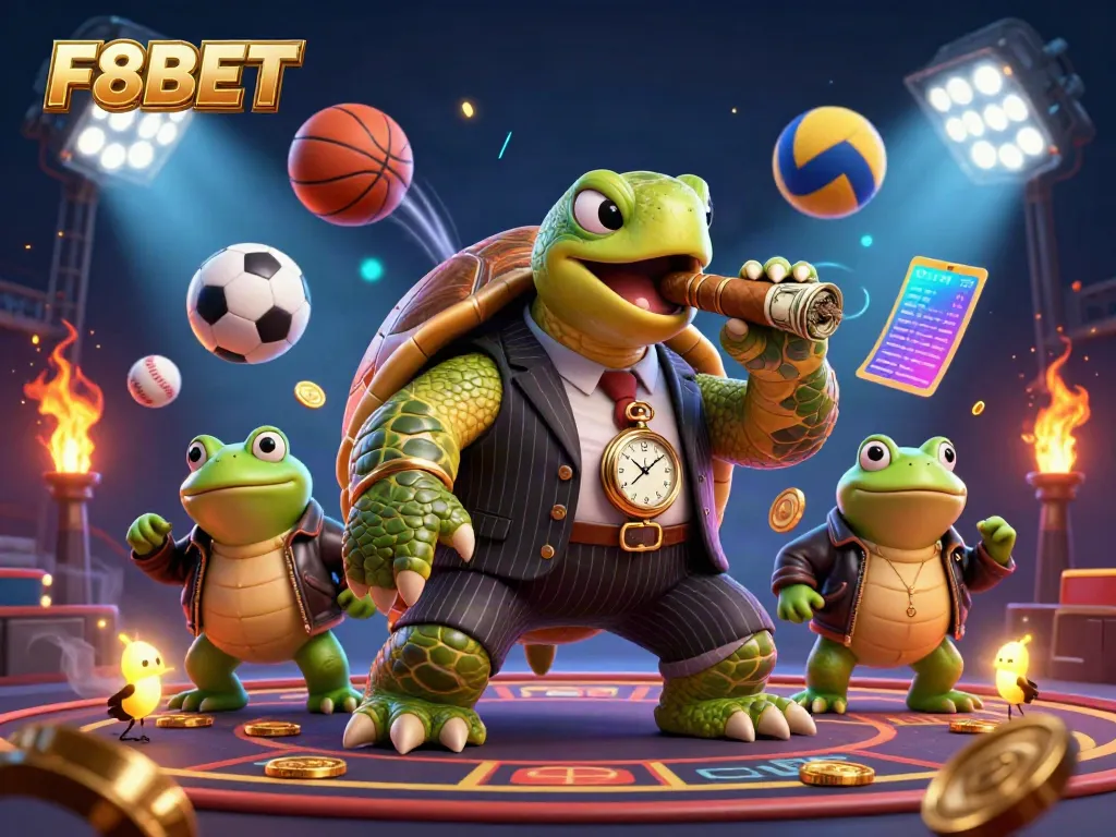 Engage in F8BET casino excitement with a cartoon turtle mobster and dynamic sports elements.