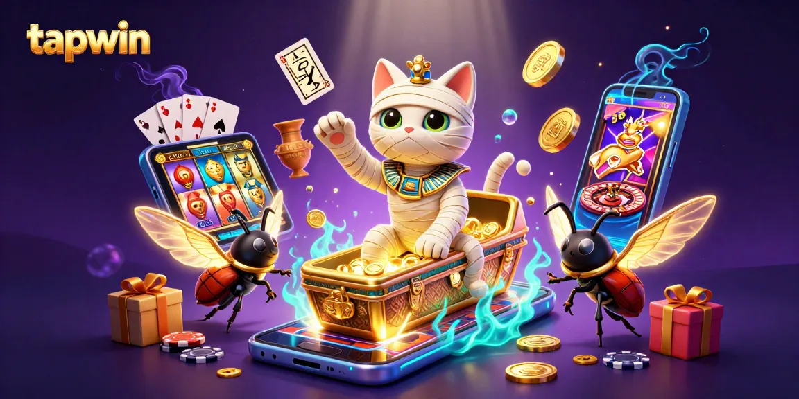 Tapwin's exciting Egyptian-themed slot experience with animated characters amidst rich casino gaming elements.