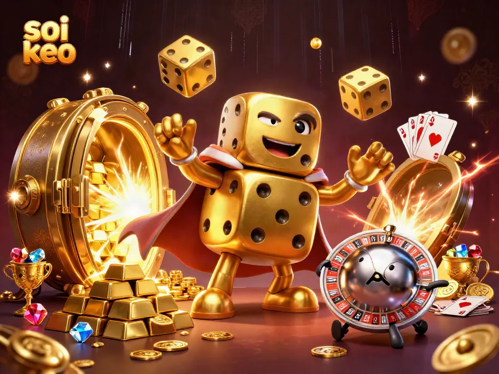Soi keo captures the thrill of sports betting with a dynamic scene of golden dice, cards, and treasure