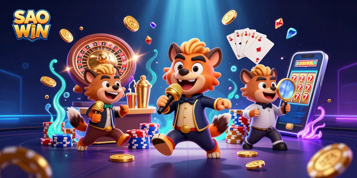 Experience the fun at SAO WIN with vibrant casino characters amidst flying coins and slot reels.