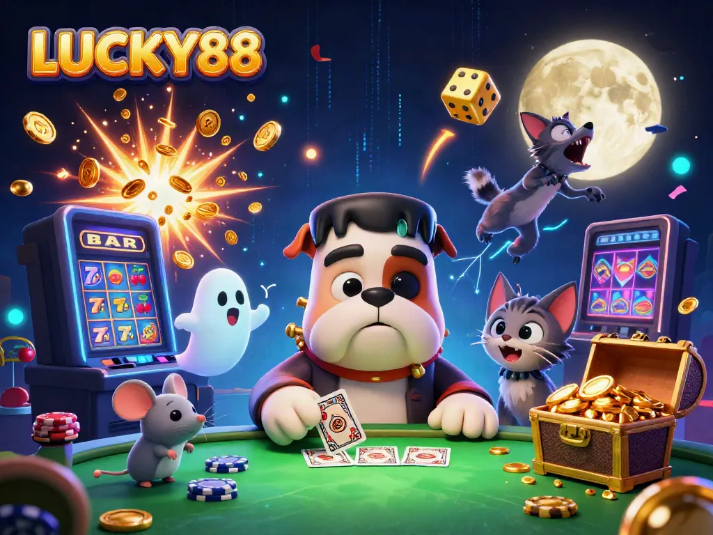 Experience thrilling gambling moments with LUCKY88's vibrant 3D cartoon action scene.