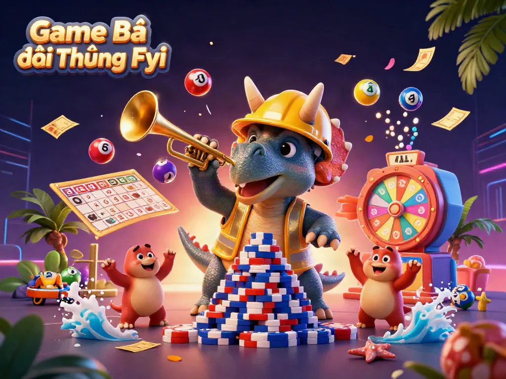 Experience the excitement with Game Bài Đổi Thưởng Fyi in this vibrant 3D illustration filled with dynamic casino elements.