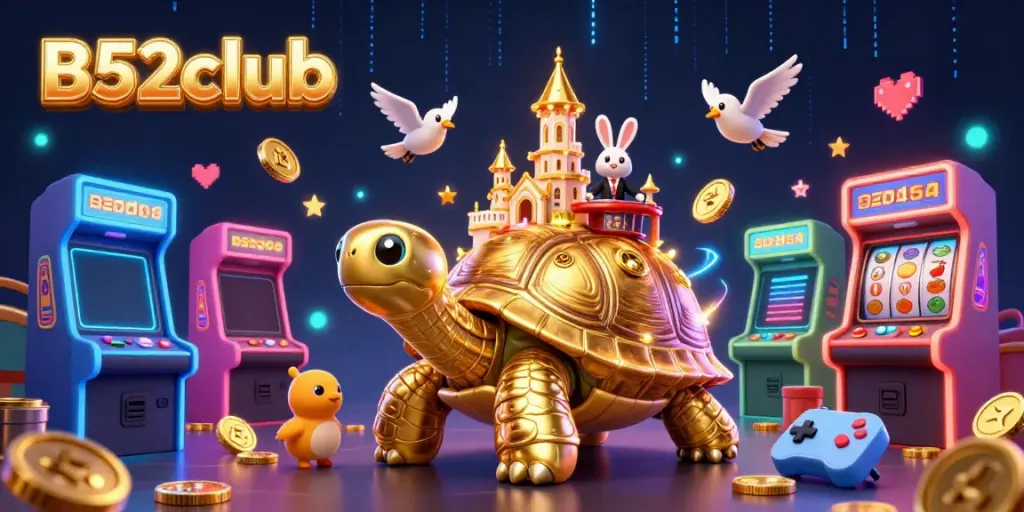 Experience thrilling B52club gameplay with a vibrant casino scene featuring a golden tortoise and a rabbit dealer.