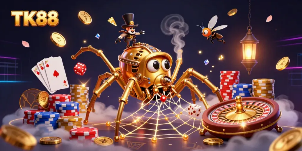 Engage with TK88's vibrant casino adventure featuring a golden spider and dynamic gambling elements.