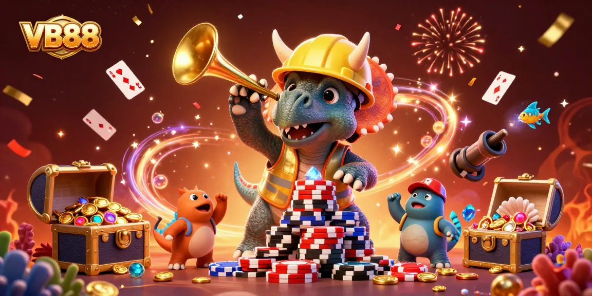 VB88 celebration scene with triceratops building poker chips amid casino elements and treasure.
