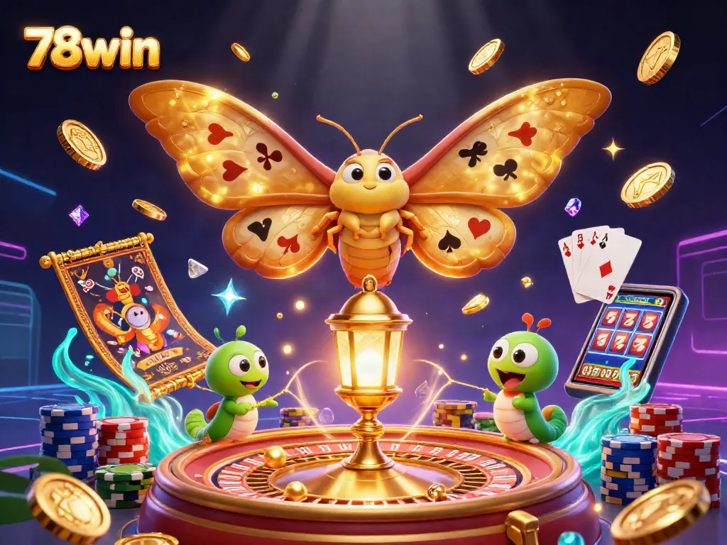 Play with excitement at 78win as golden coins and gems cascade in a vibrant casino scene.