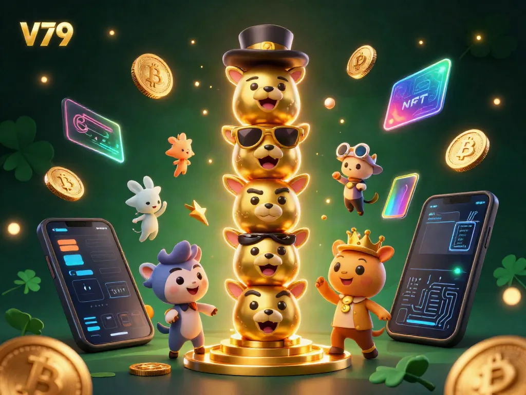 Experience thrilling gaming at V79 with the dynamic illustration of a colorful and vibrant totem pole surrounded by crypto coins and game elements.