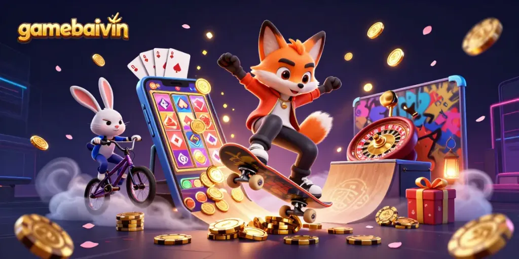 Engage in thrilling gameplay with gamebaivin, featuring a dynamic fox and rabbit in a vibrant casino scene.