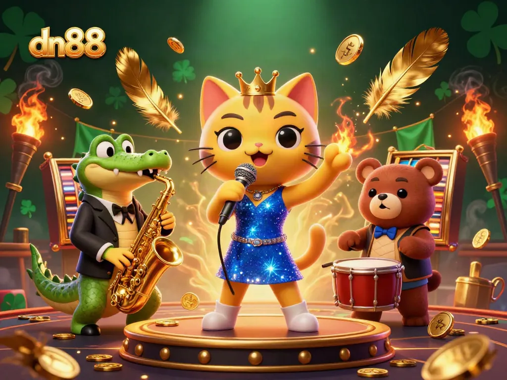 Engage with dn88 while enjoying vibrant casino illustration featuring a jazzy cat, a croc, and a bear cub.
