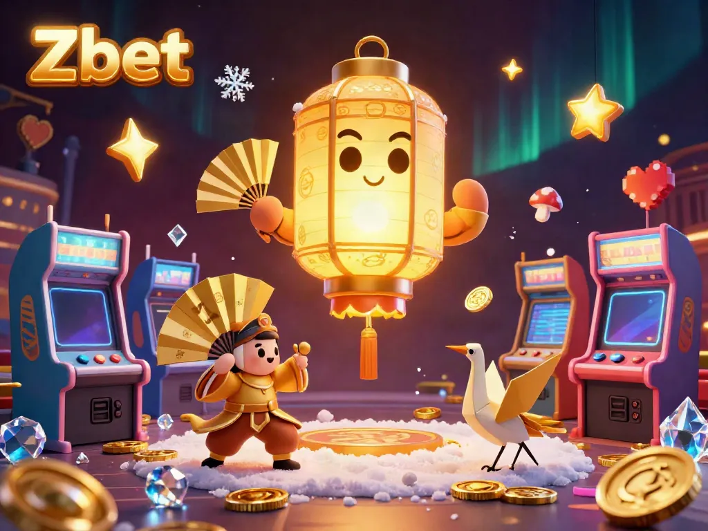 Engage with Zbet's vibrant gaming world, featuring a spirit and warriors amidst glowing arcade games and lucky symbols.