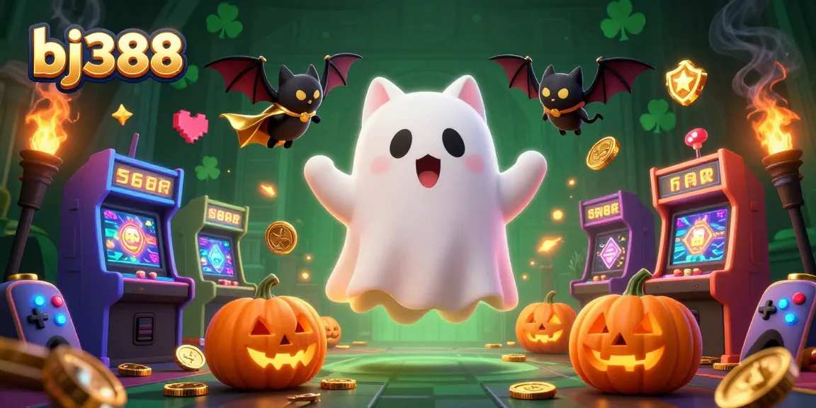 Experience thrilling games at bj388 with a ghost cat and bat exploring a vibrant casino scene.
