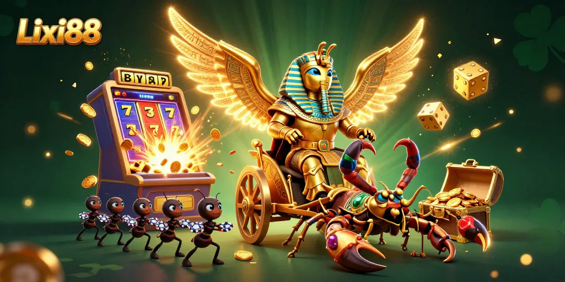Lixi88 promotes thrilling gameplay with a golden scarab beetle, vibrant slot machine, and dynamic gaming elements.