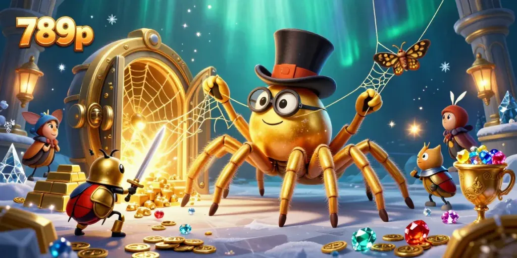 Experience the magical world of 789p as a brave beetle knight approaches a golden tarantula weaving a web of winnings in a vibrant casino.